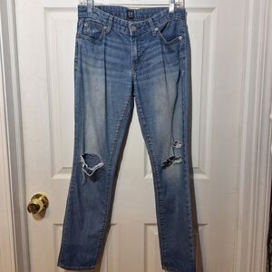 Gap Mid Rise Girlfriend Jeans Medium Acid Wash Distressed Blue Denim Size 26
